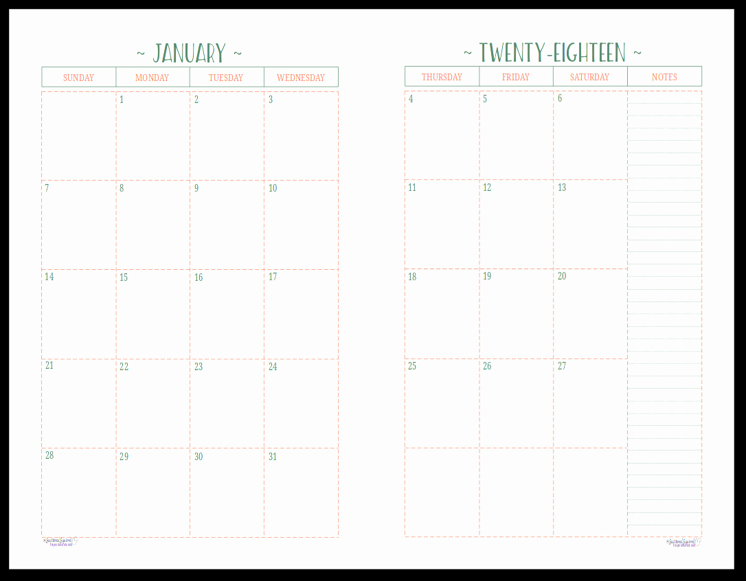 free printable two page monthly calendar example