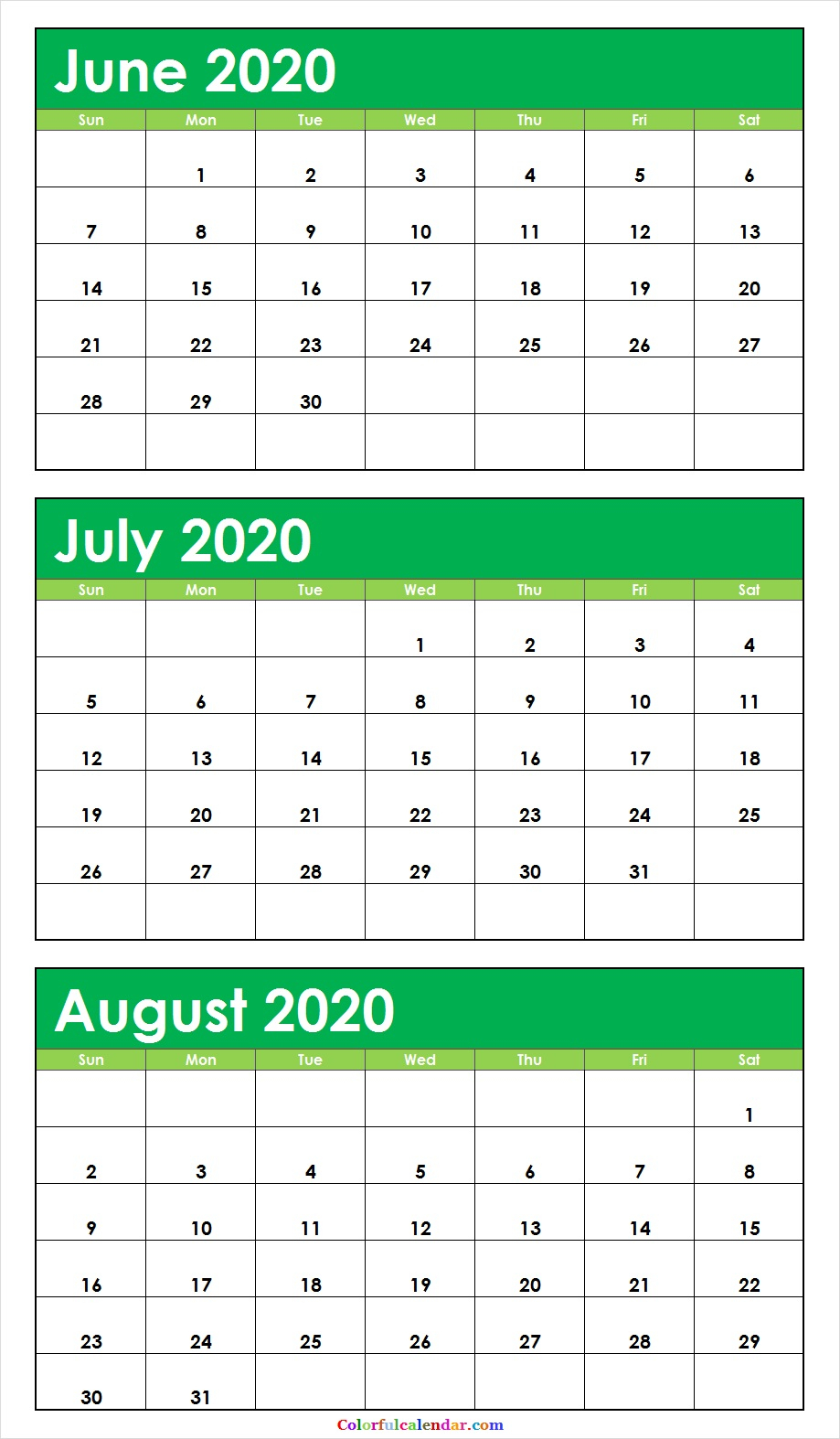 printable calendar june july and august 2020 example