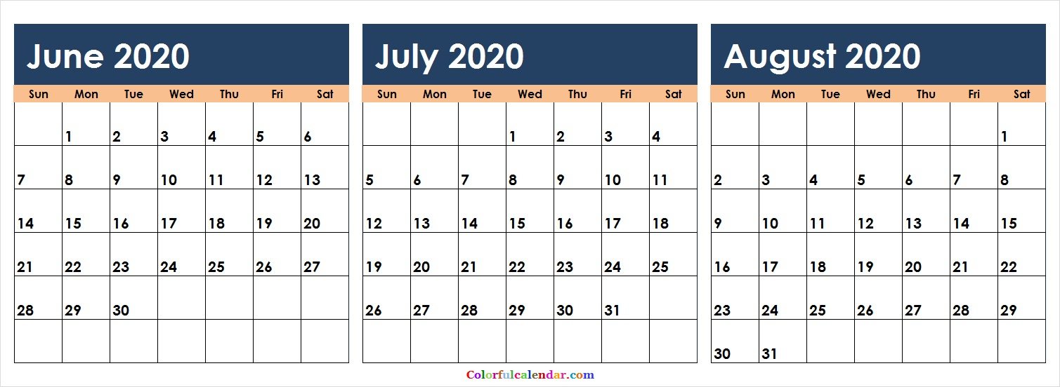 New June July August 2020 Calendar Colorful | Blank 2020