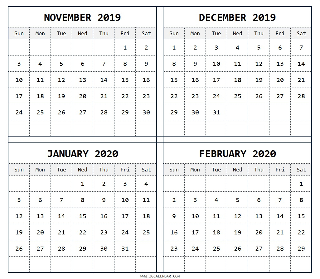 November 2019 To February 2020 Calendar | 4 Months Printable
