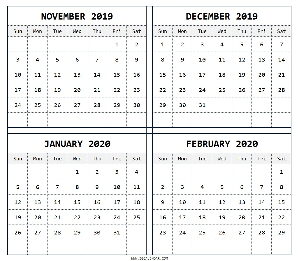 calendar printable months four november february month blank