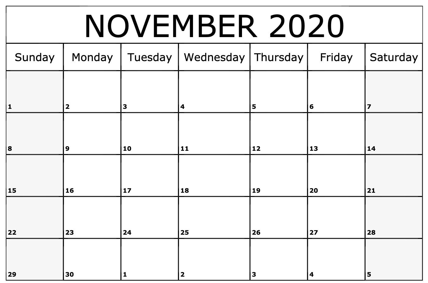 November 2020 Calendar Printable Template | Monthly