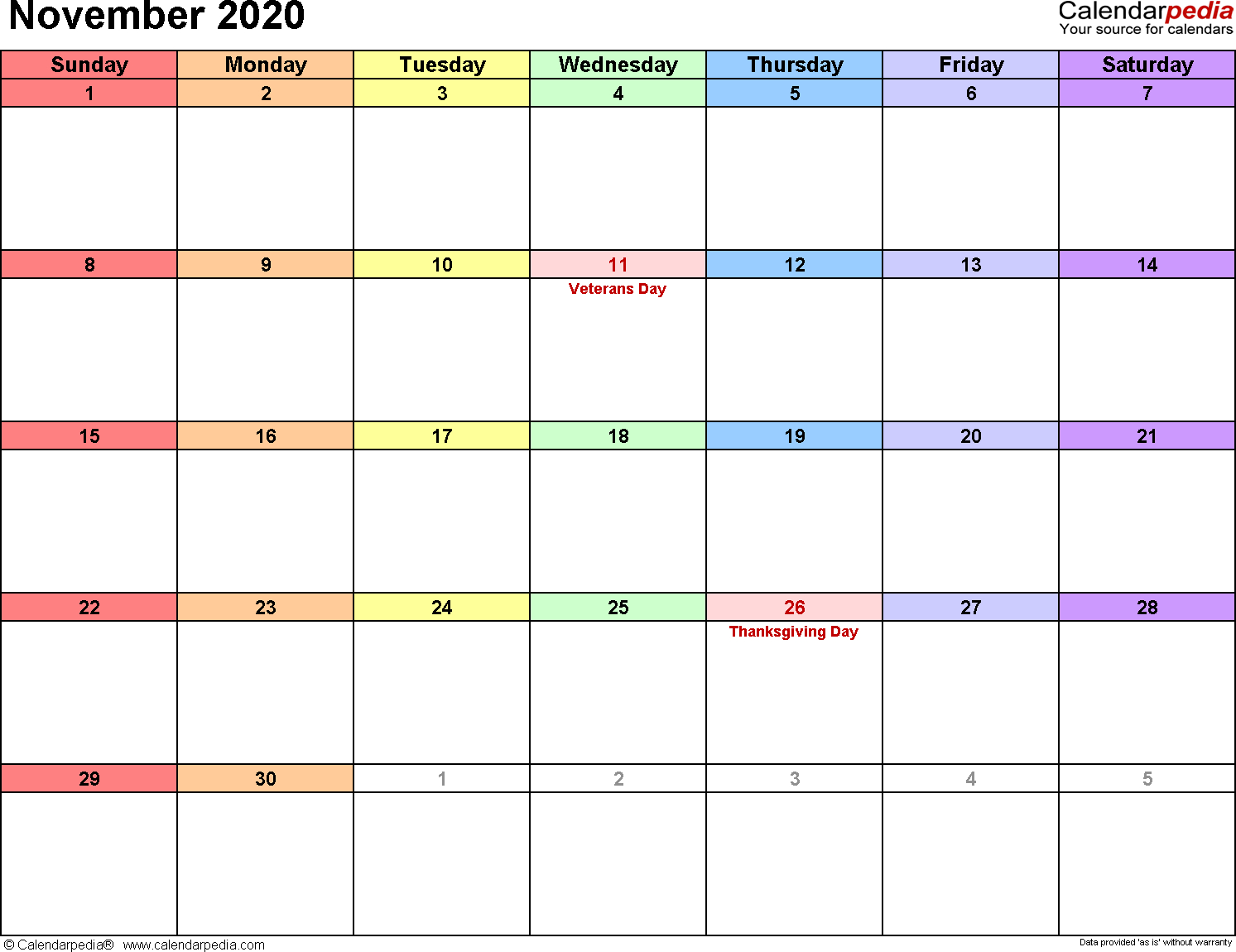 November 2020 Calendars For Word, Excel &amp; Pdf