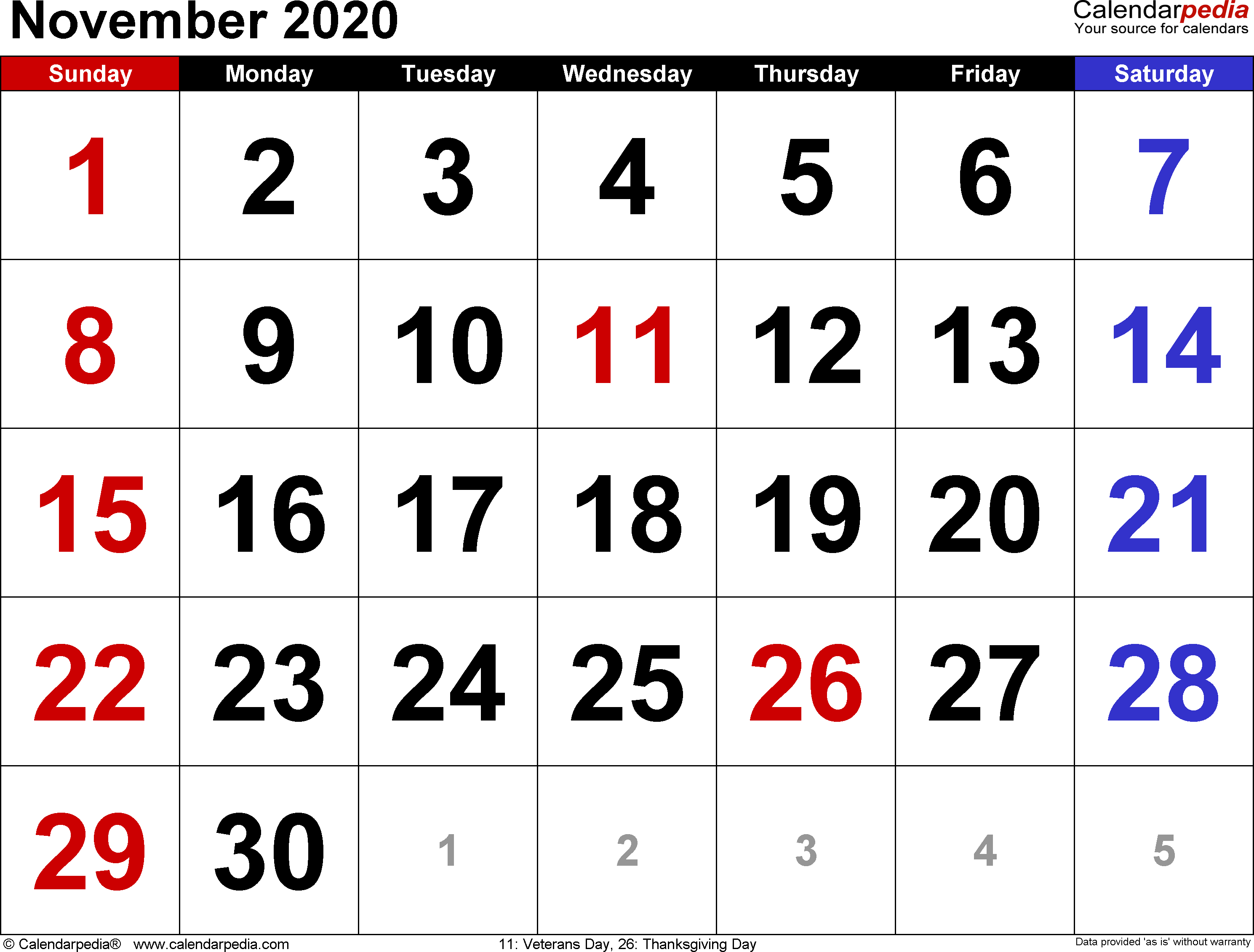 November 2020 Calendars For Word, Excel &amp; Pdf
