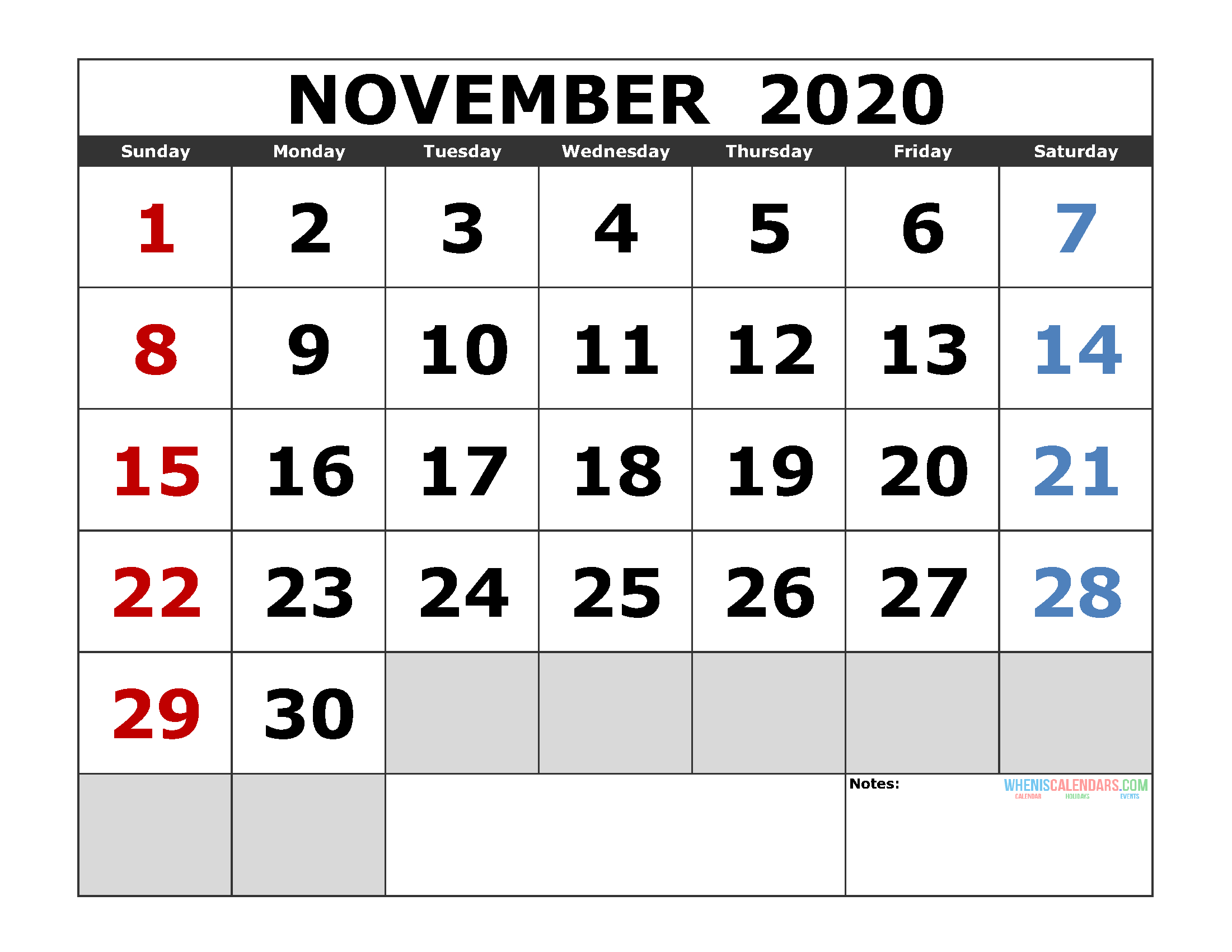 November 2020 Printable Calendar Template Excel, Pdf, Image