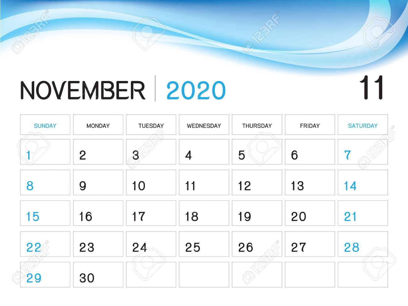 November 2020 Year Template, Calendar 2020 Vector, Desk Calendar..