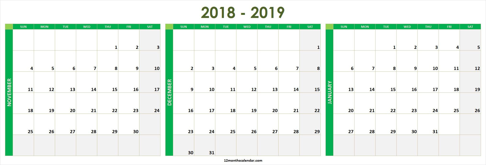 November December 2020 January 2021 Calendar Printable Free
