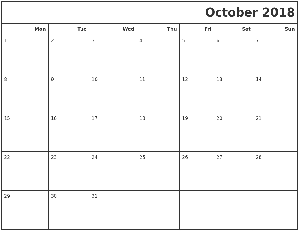 October 2018 Calendar Printable Monday Start | October 2018