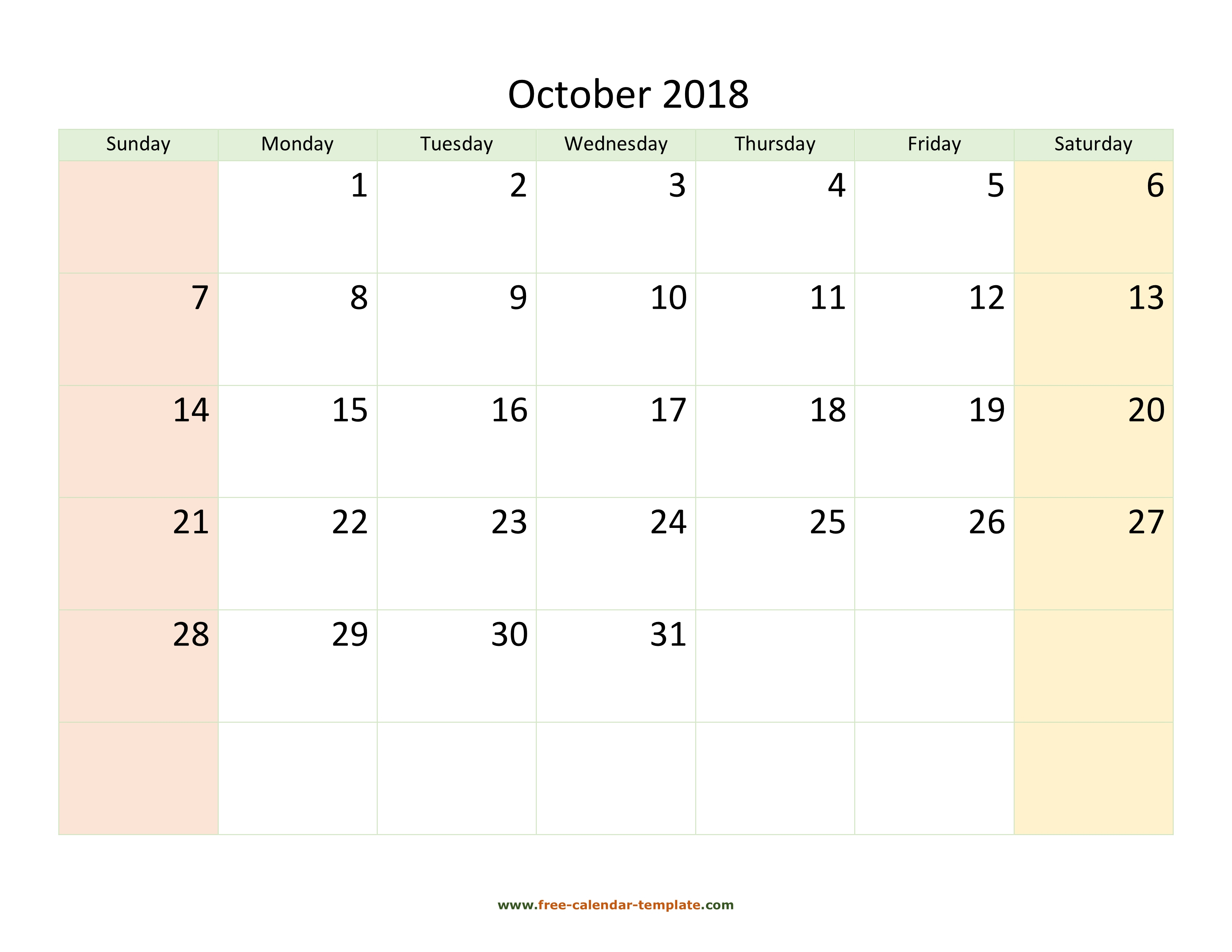 October 2018 Calendar Printable With Coloring On Weekend