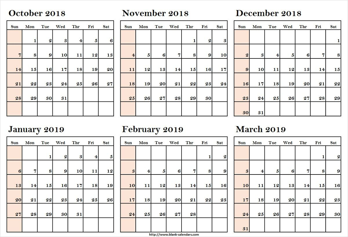 October 2018 To March 2019 Calendar Printableoctober 2018 To