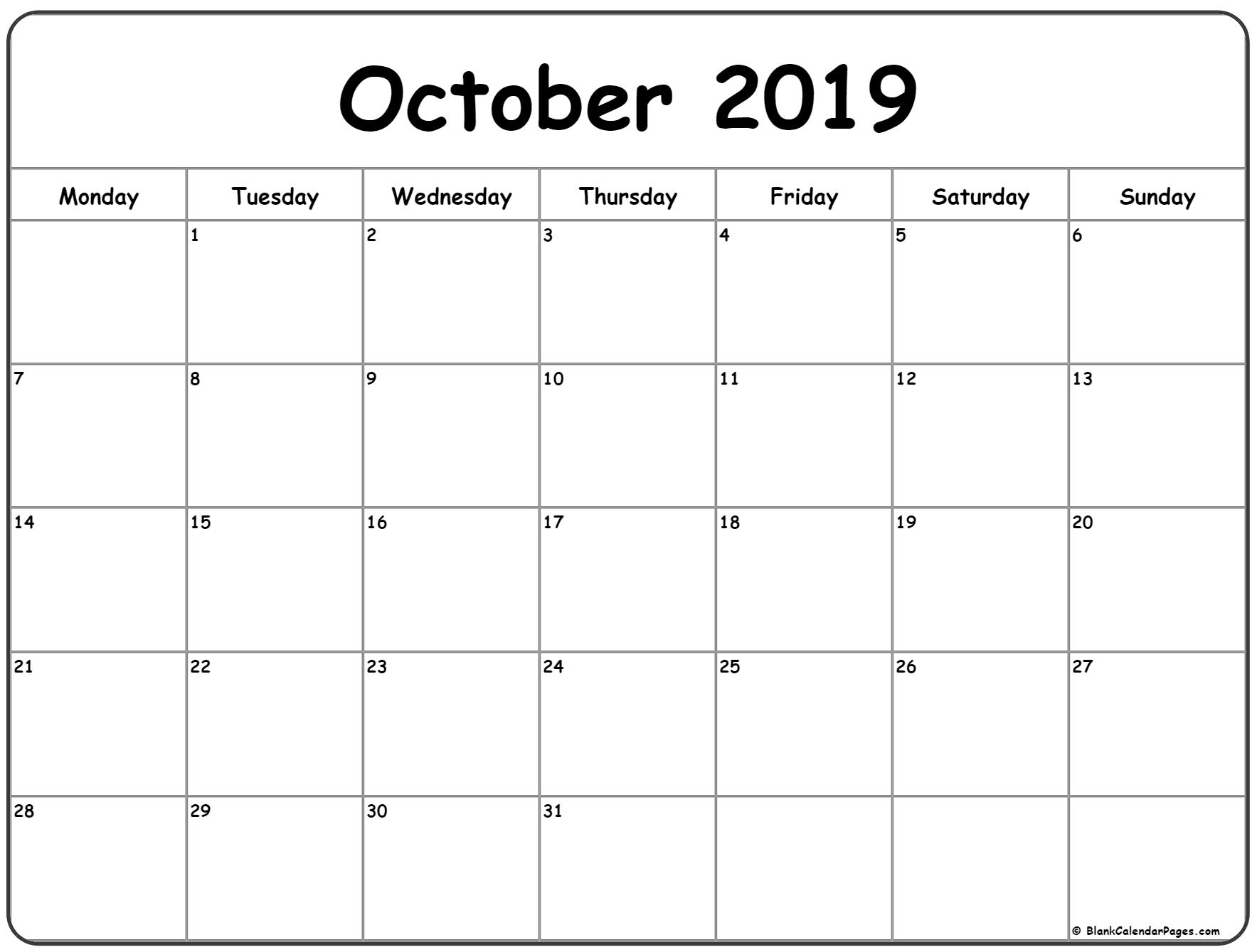 October 2019 Monday Calendar | Monday To Sunday