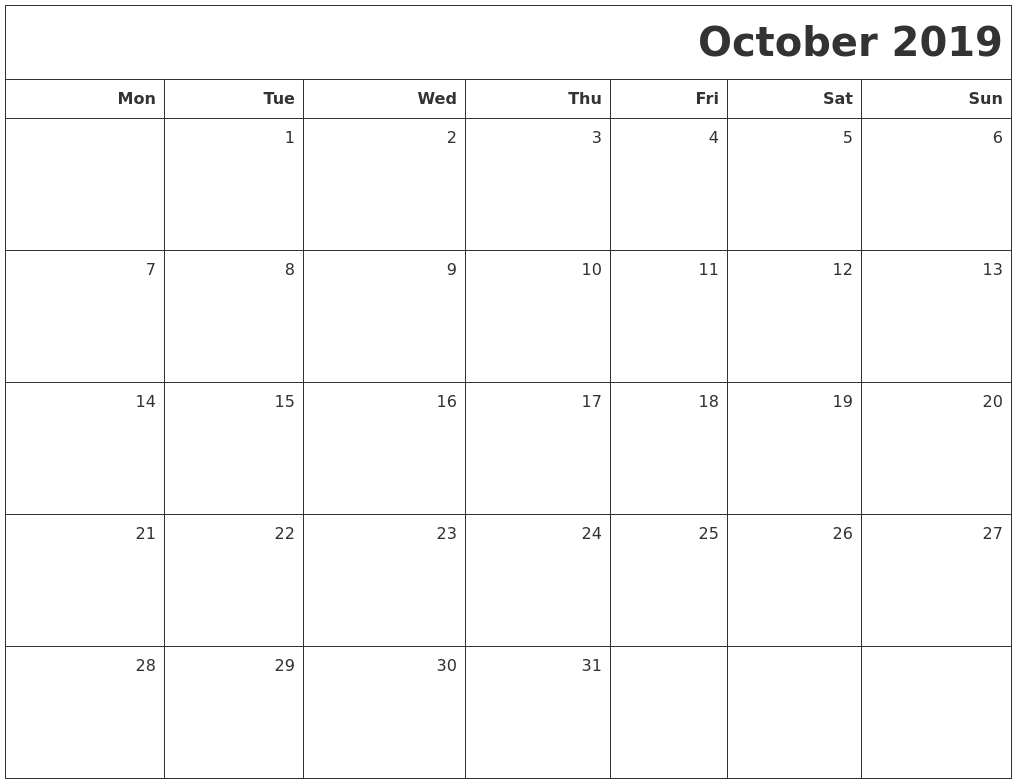 October 2019 Printable Blank Calendar