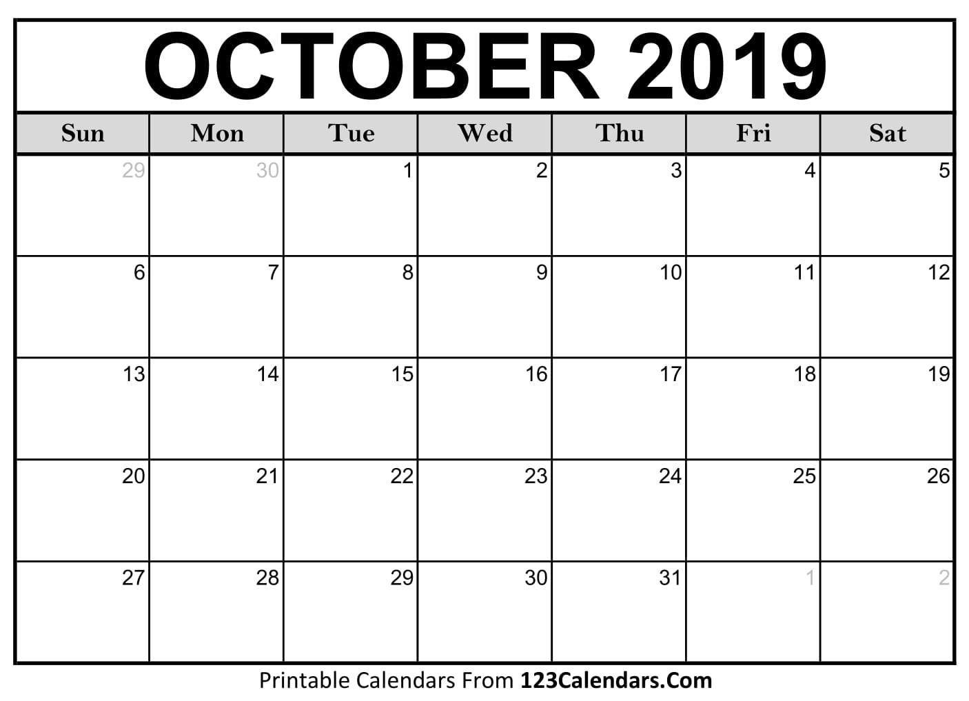 October 2019 Printable Calendar | 123Calendars