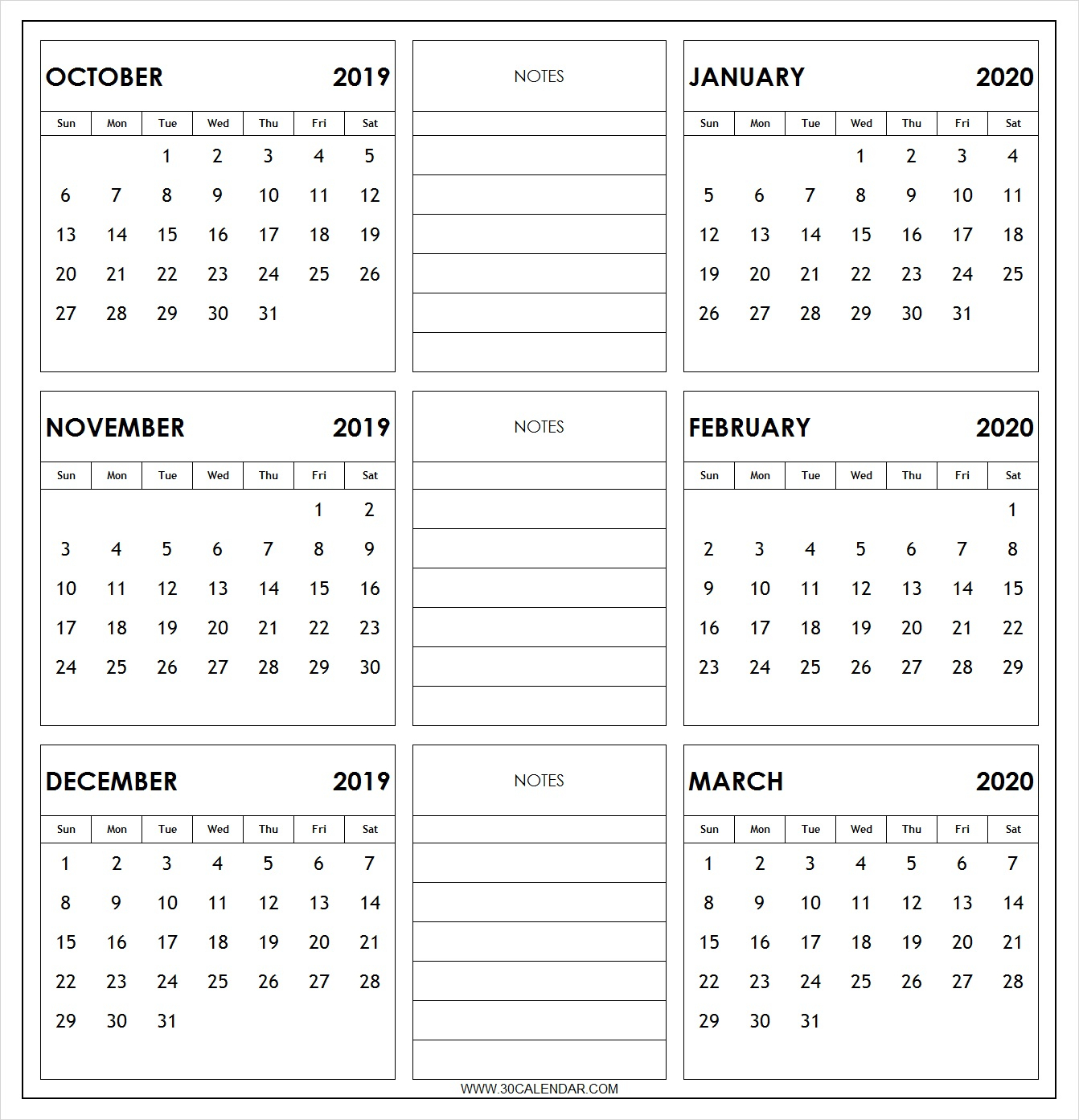 October 2019 To March 2020 Calendar Printable | 6 Month 2019