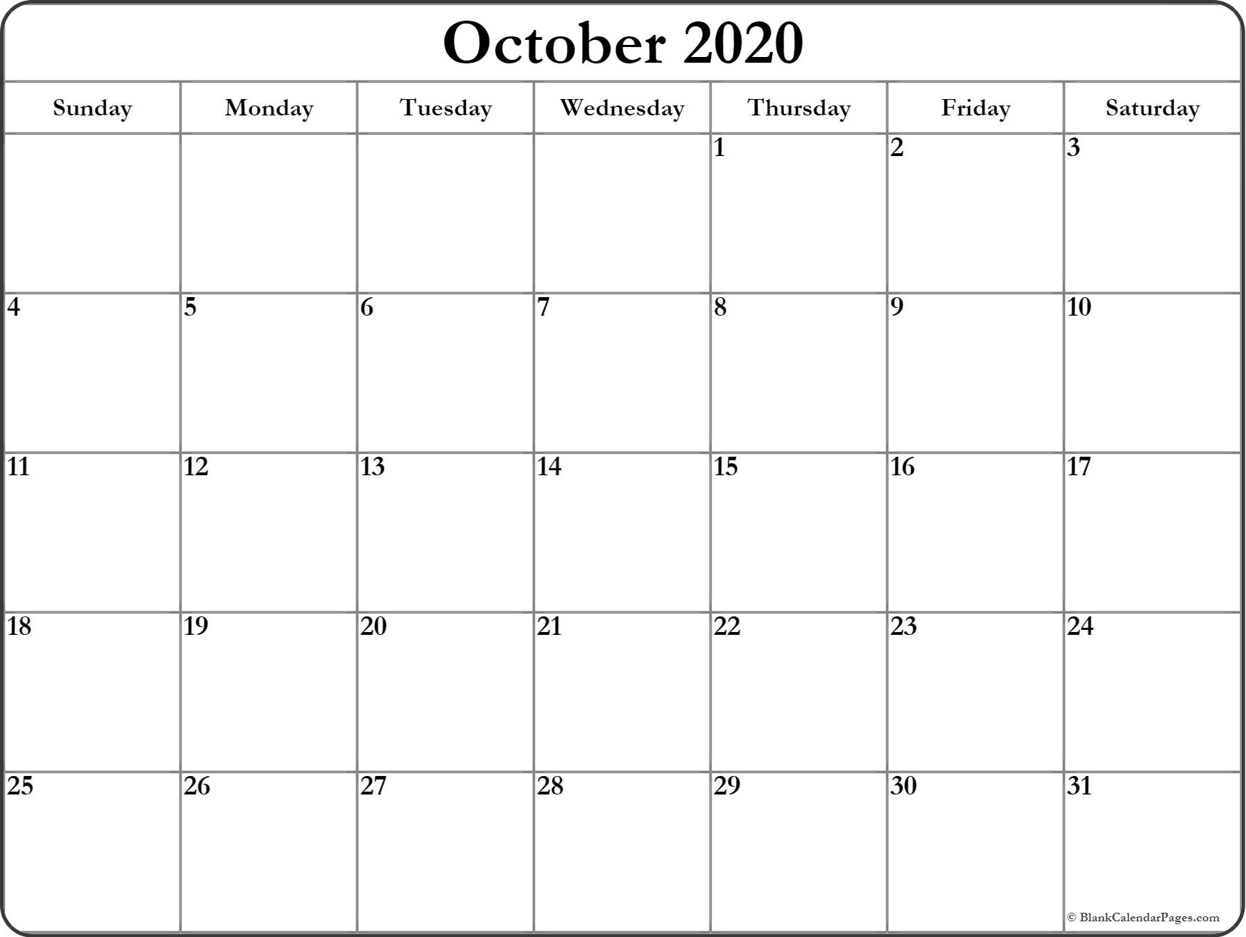 October 2020 Blank Calendar Templates.