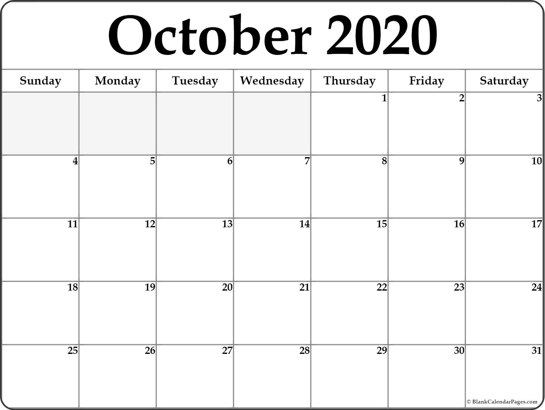 October 2020 Blank Calendar Templates.