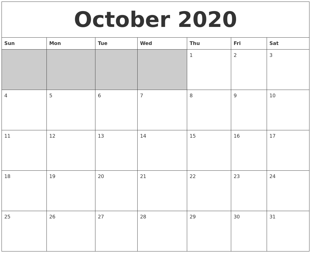 October 2020 Blank Printable Calendar