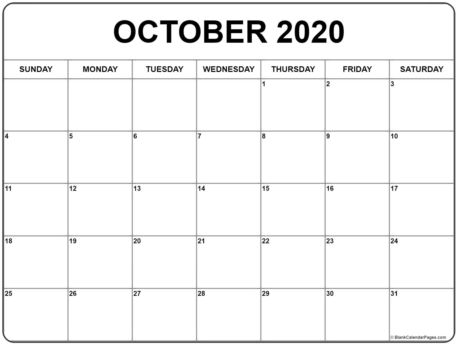 October 2020 Monthly Calendar Blank Printable