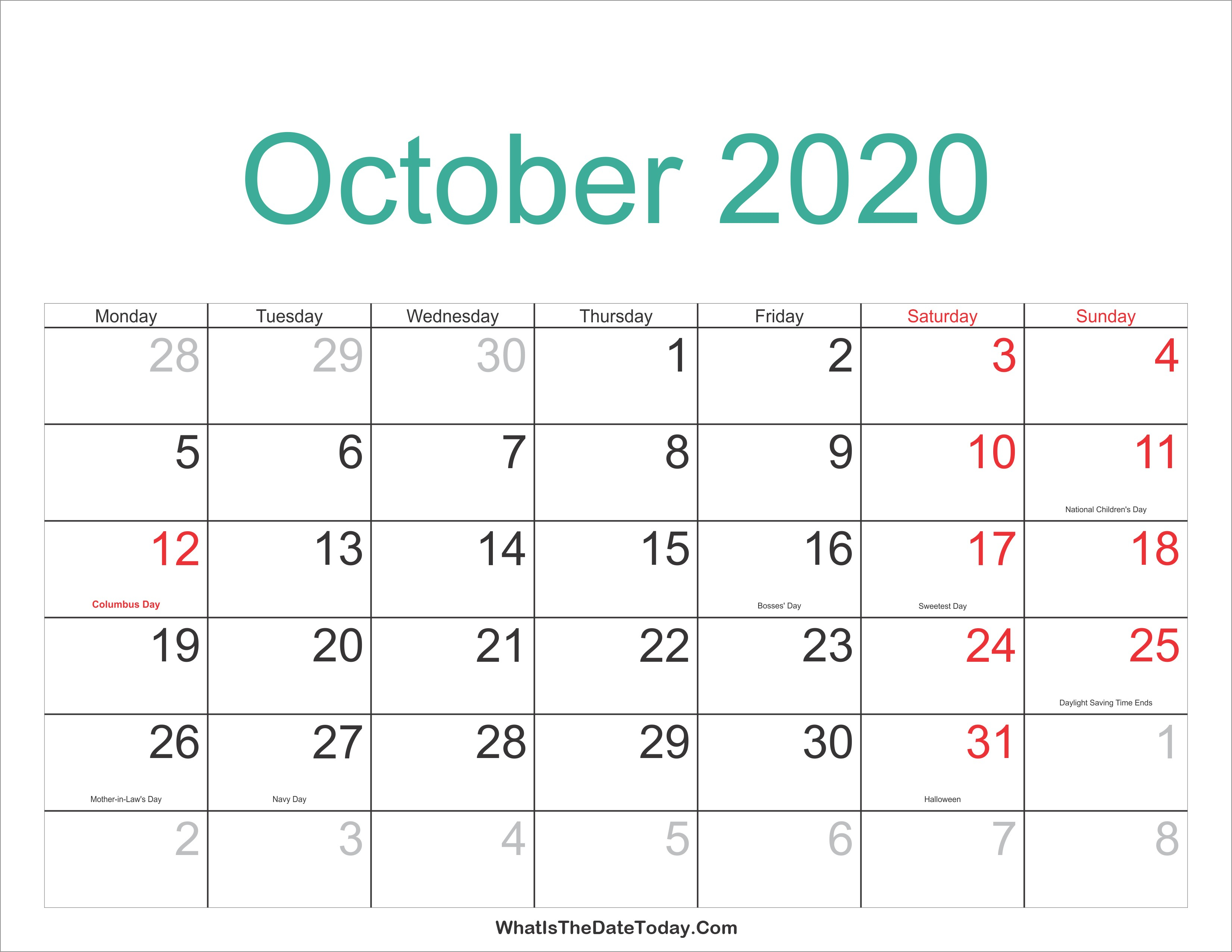 October 2020 Calendar | Thekpark-Hadong