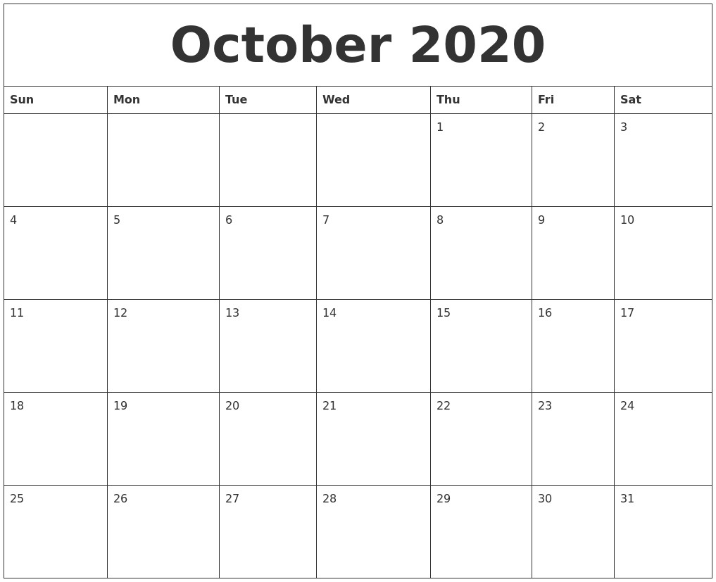 October 2020 Calendar | Thekpark-Hadong