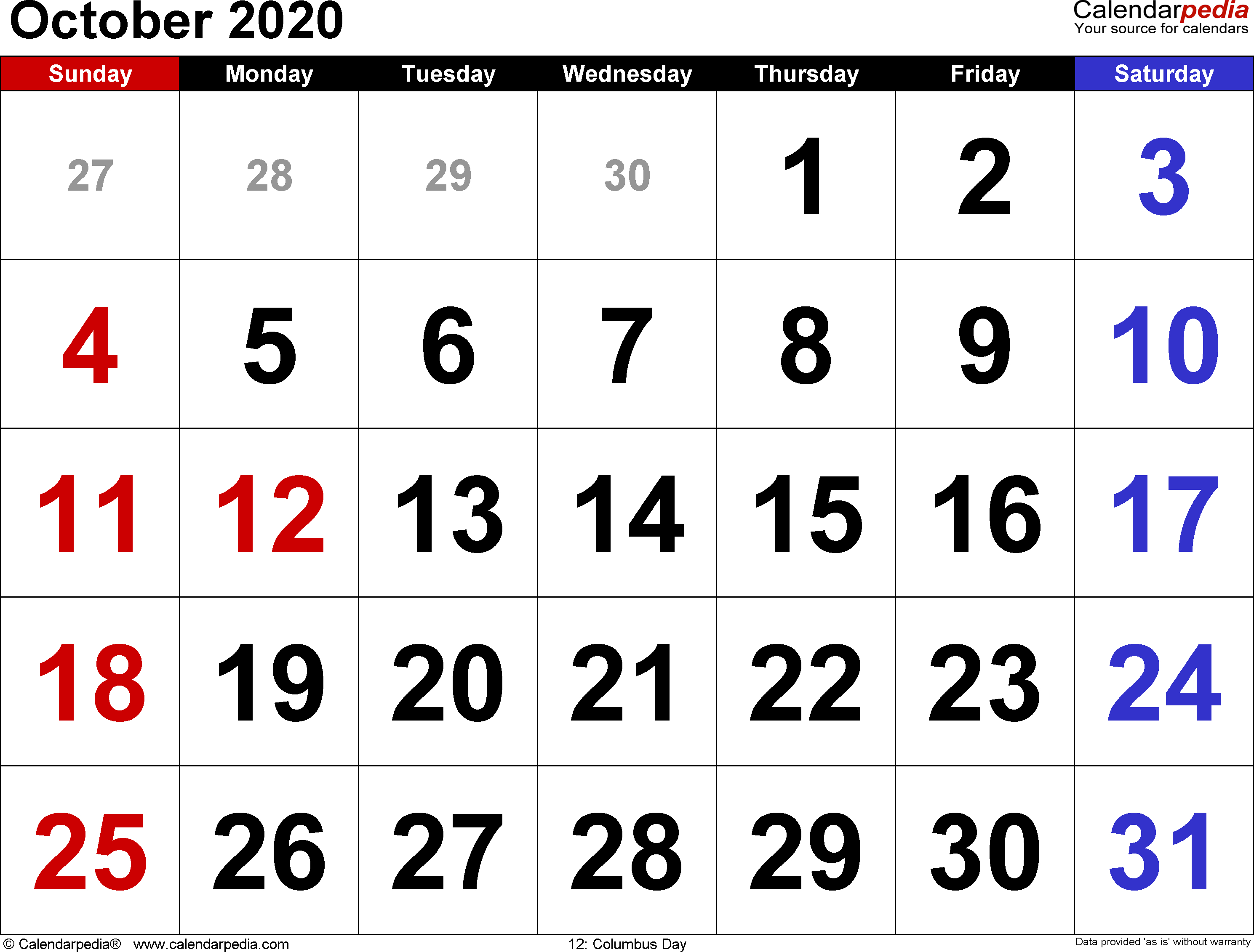 October 2020 Calendars For Word, Excel &amp; Pdf