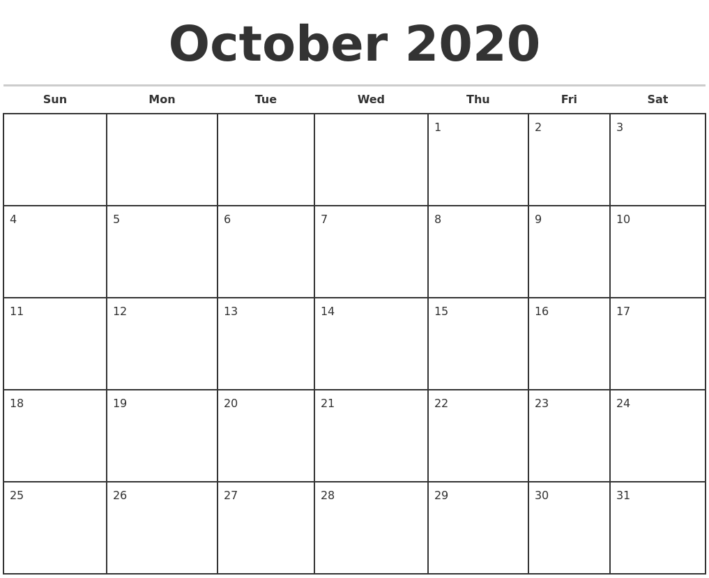 October 2020 Monthly Calendar Template