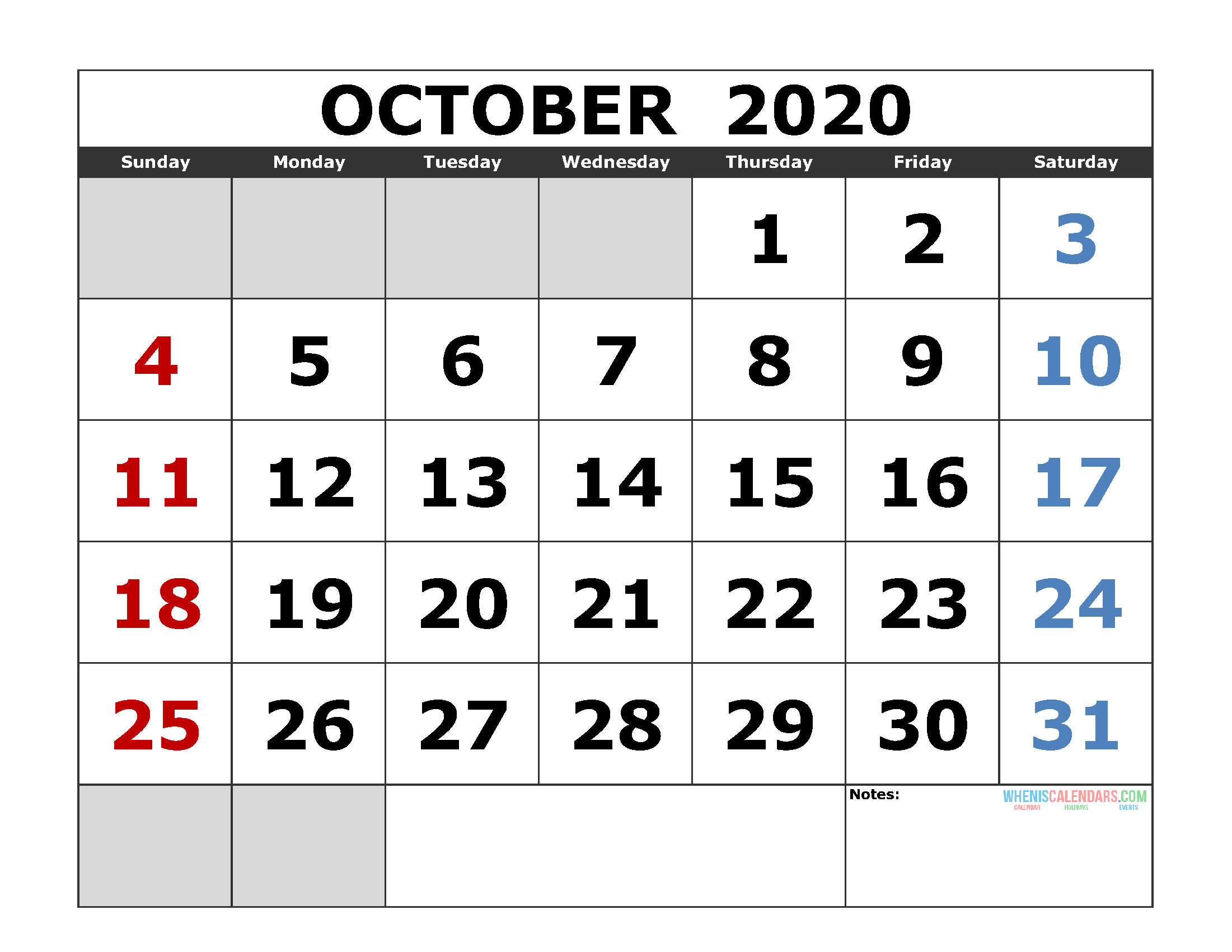 October 2020 Printable Calendar Template Excel, Pdf, Image