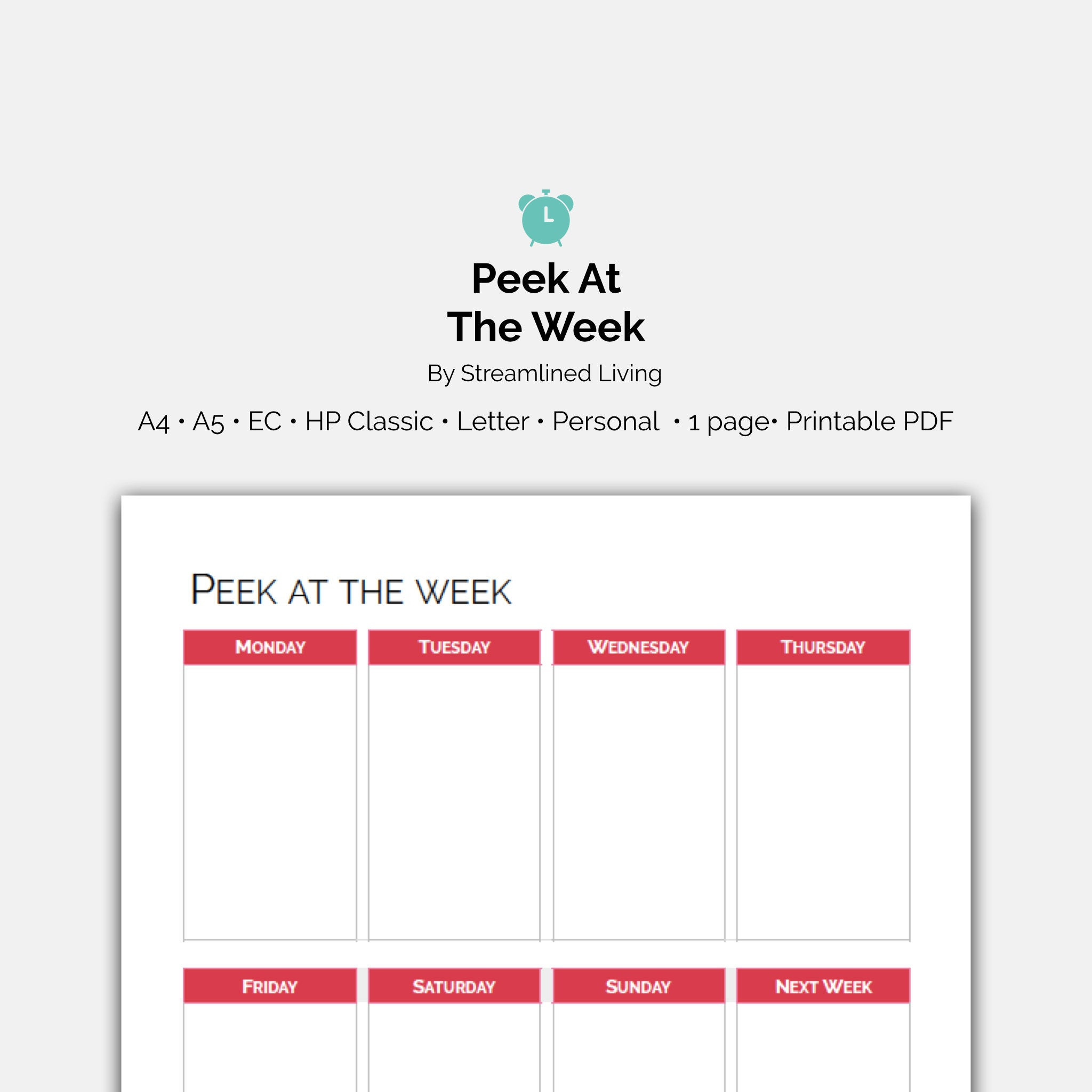 Peek At The Week Calendar, Minimal Weekly Schedule Planner Insert Page-  Instant Download Organizing Printable, A4 A5 Personal Ec Hp Letter