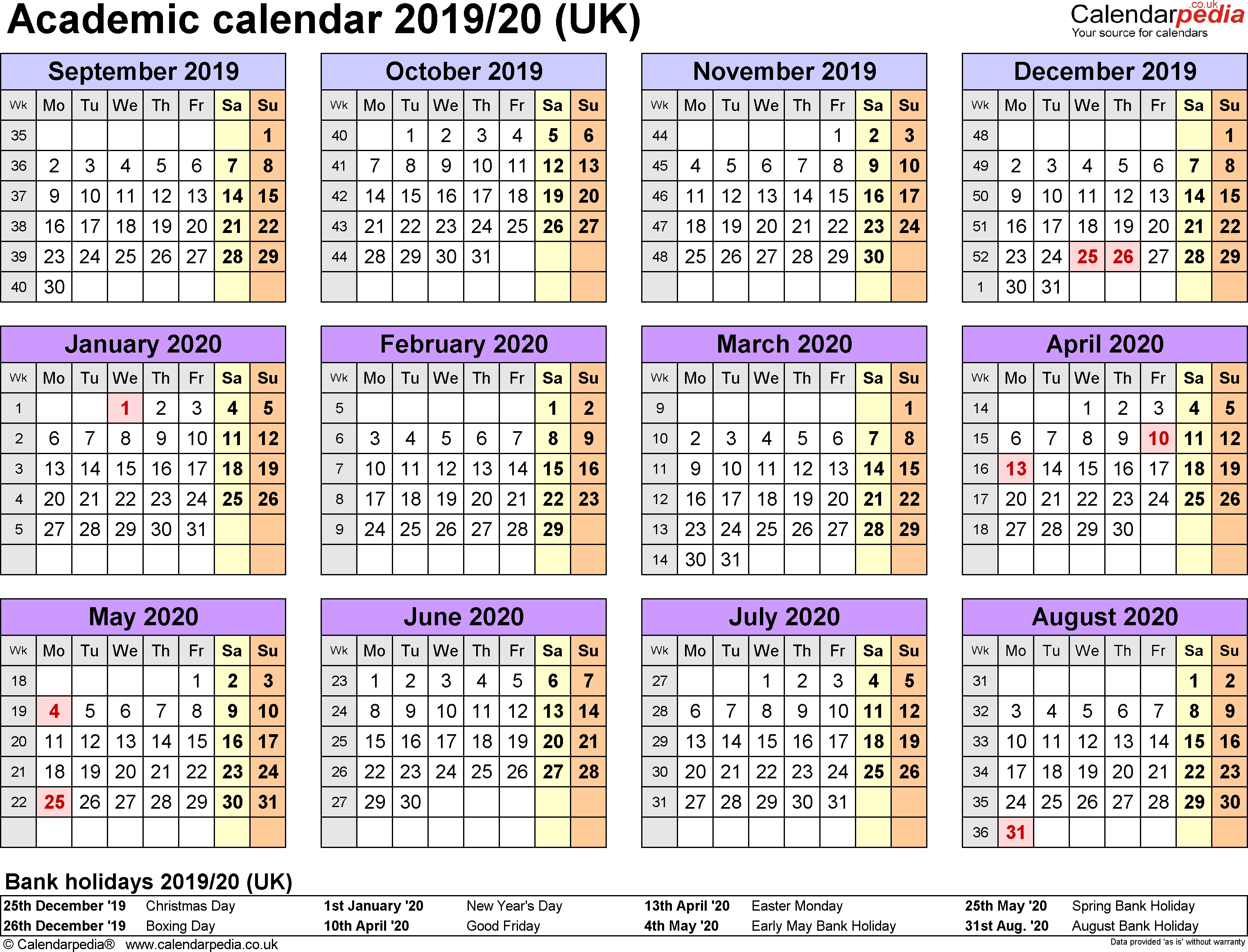 Printable Calendar 2020 Including Bank Holidays | Example Calendar ...