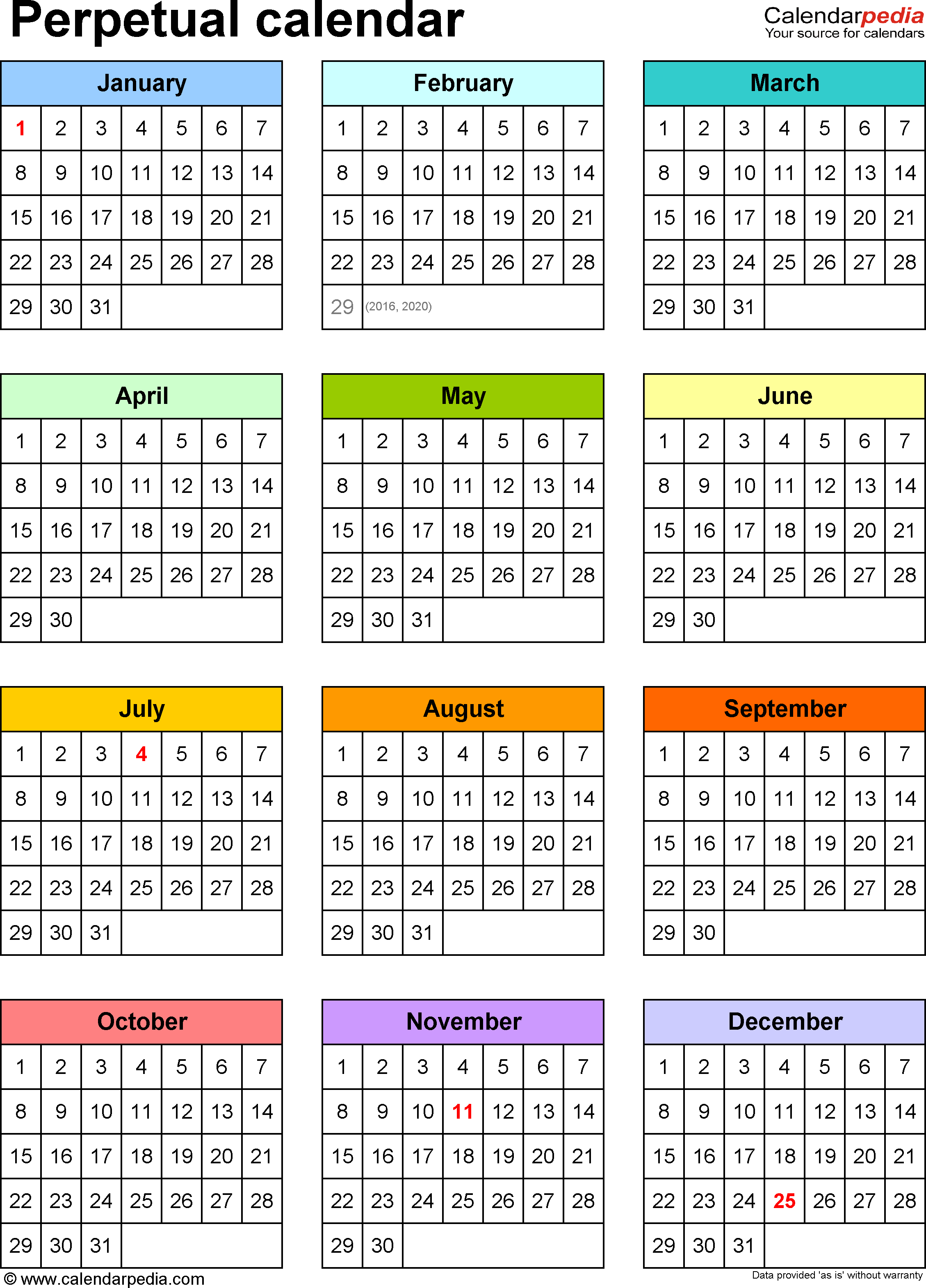Perpetual Calendars - 7 Free Printable Word Templates