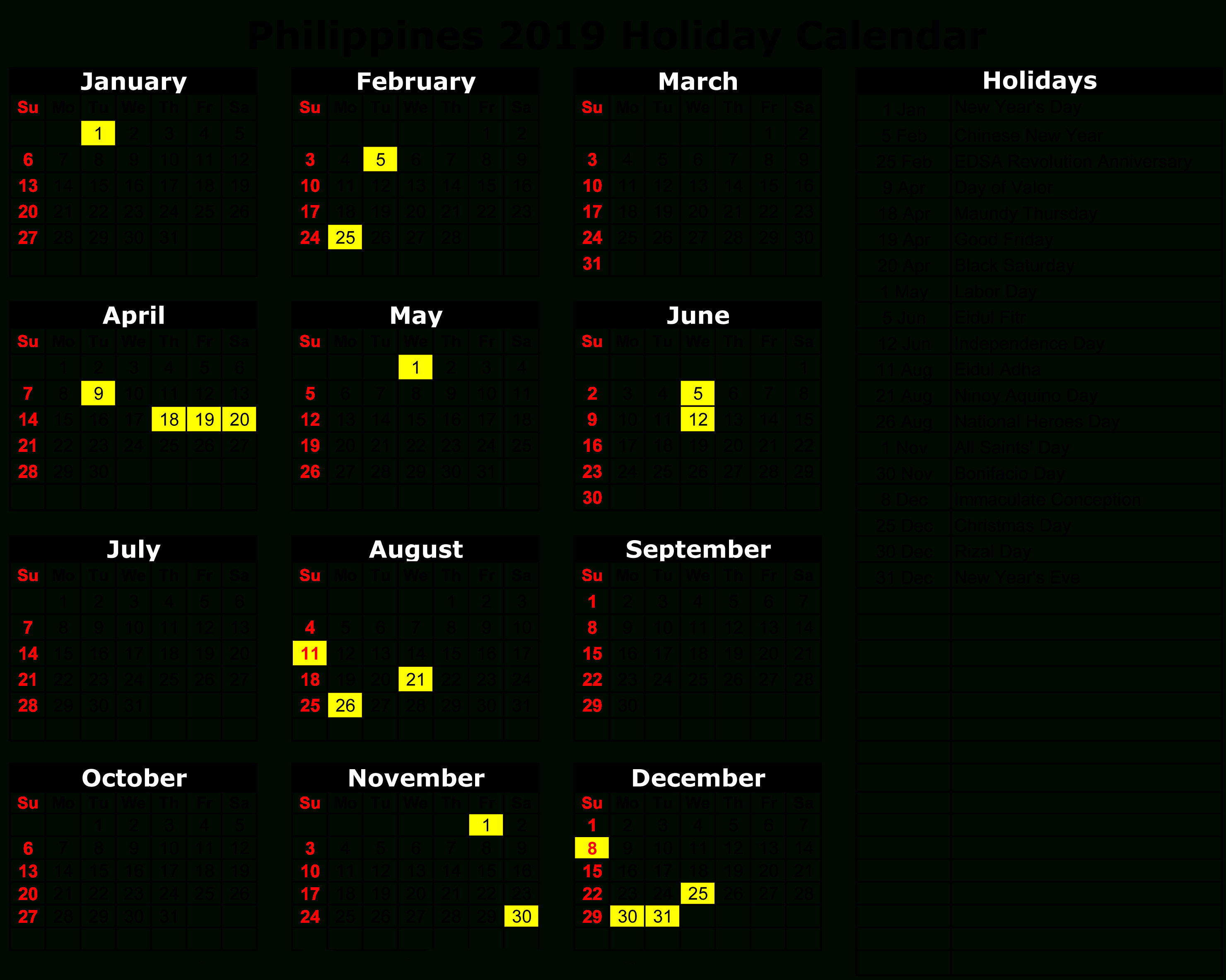 Philippines 2019 Holiday Calendar | Calendar 2019 | Holiday