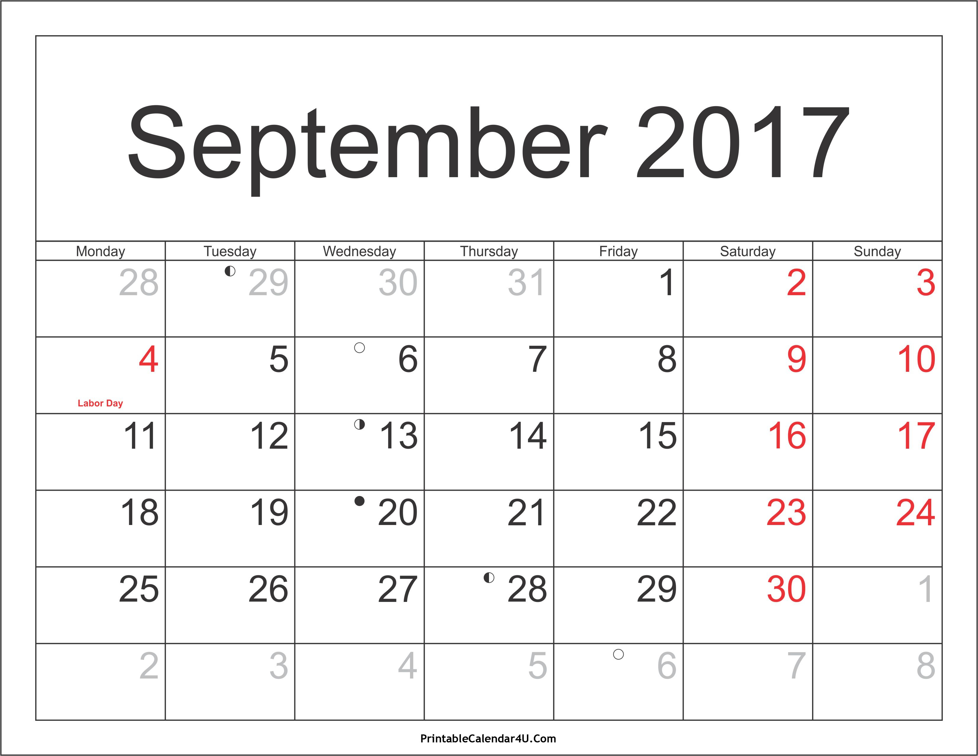 Pincalendar Printable On September 2017 Calendar