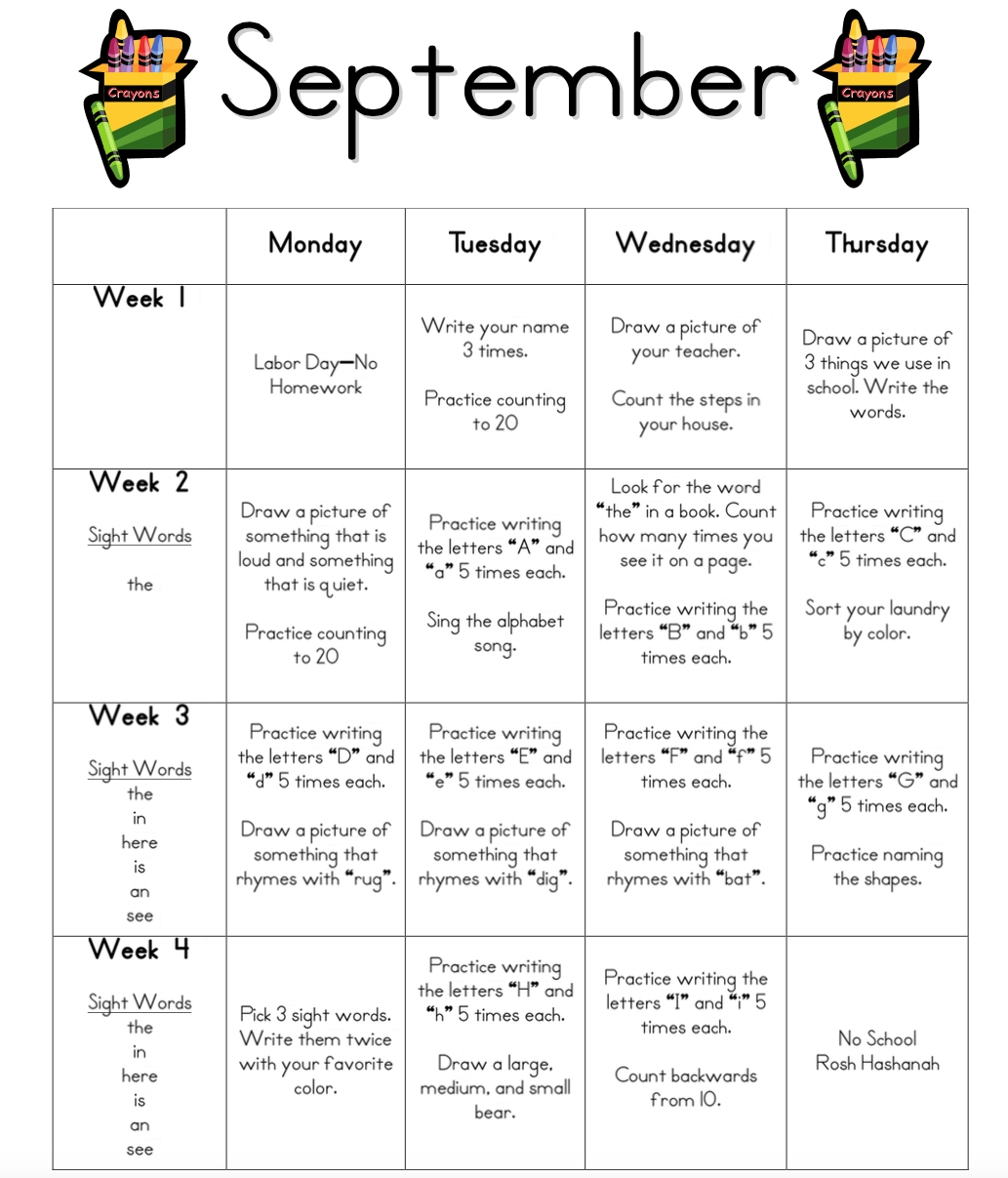 Pre-K Monthly Homework Calendar • Printable Blank Calendar