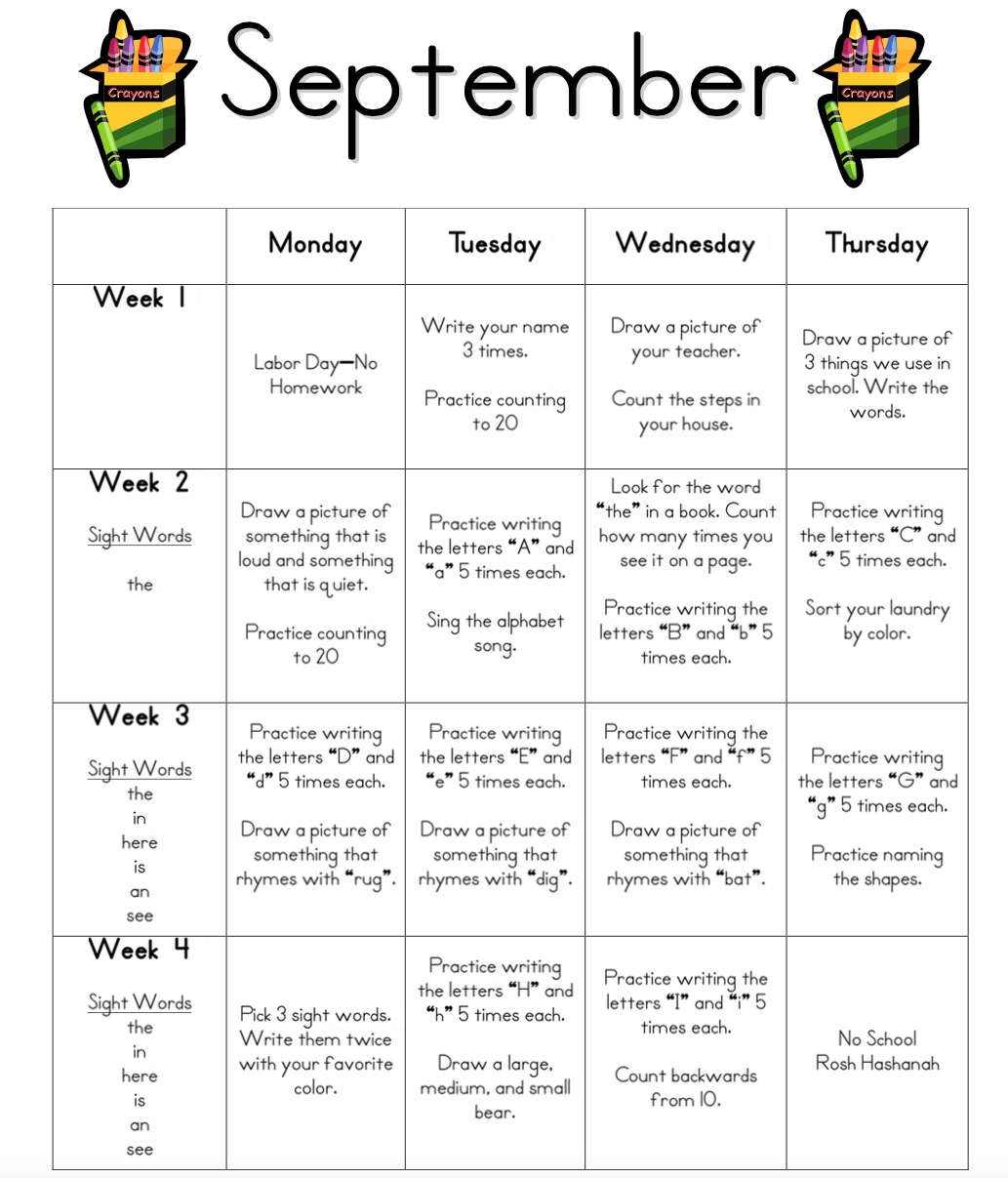 homework calendar for pre k