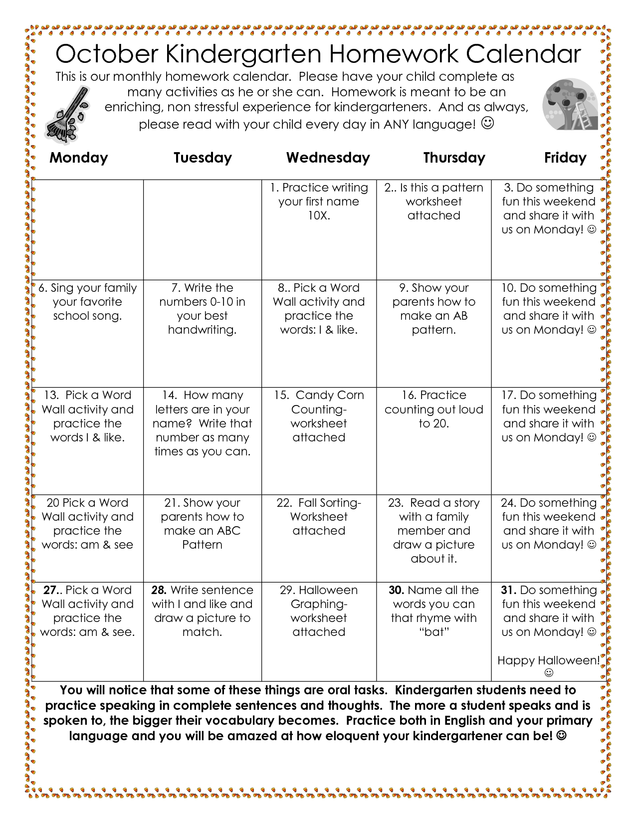 Monthly Homework For Pre-K Students | Example Calendar ...