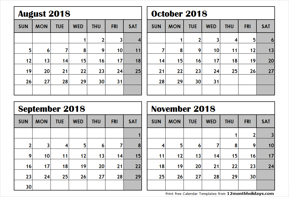 Print August To November 2018 Calendar Template | 4 Month