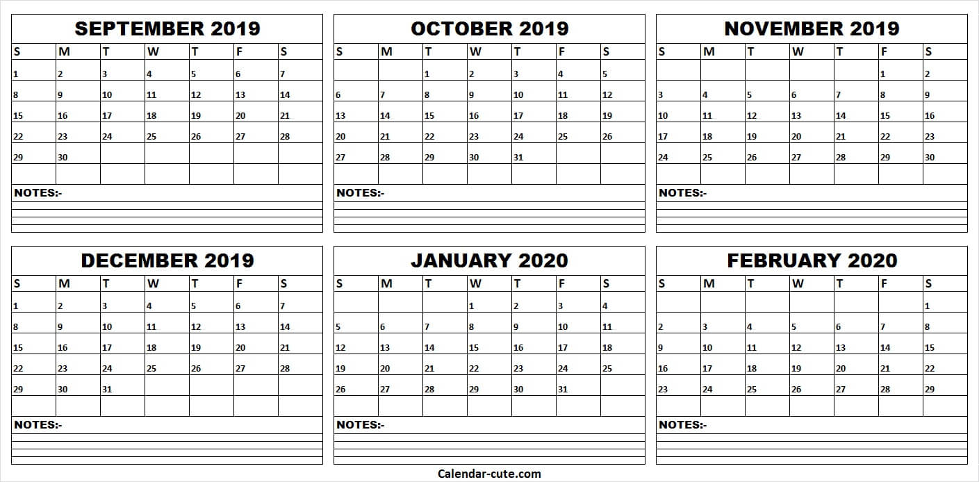 Print Calendar September 2019 To February 2020 | Monthly