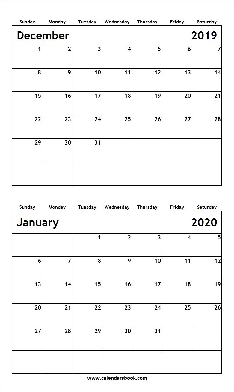 Print December 2019 January 2020 Calendar Template | 2 Month