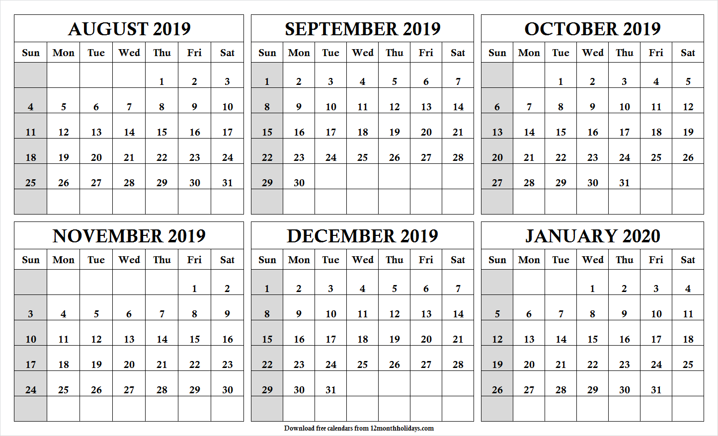 Print Free 6 Month Calendar August 2019 To January 2020 With