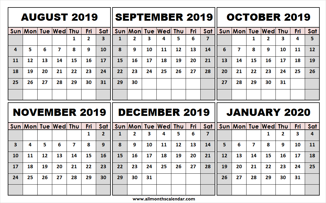 Print Free August 2019 January 2020 Calendar | Template To Print