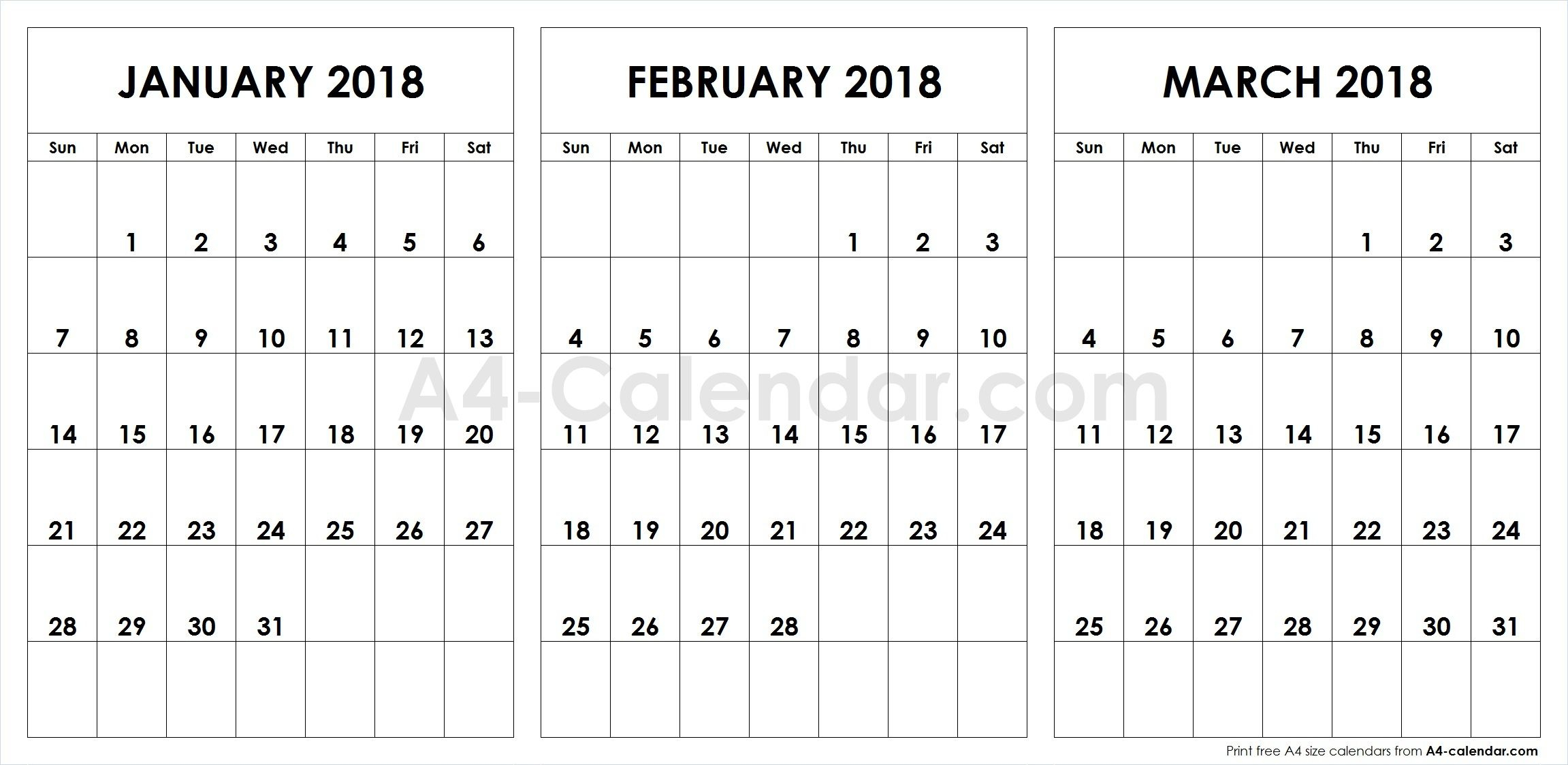 Print Free Blank January February March 2018 A4 Calendar