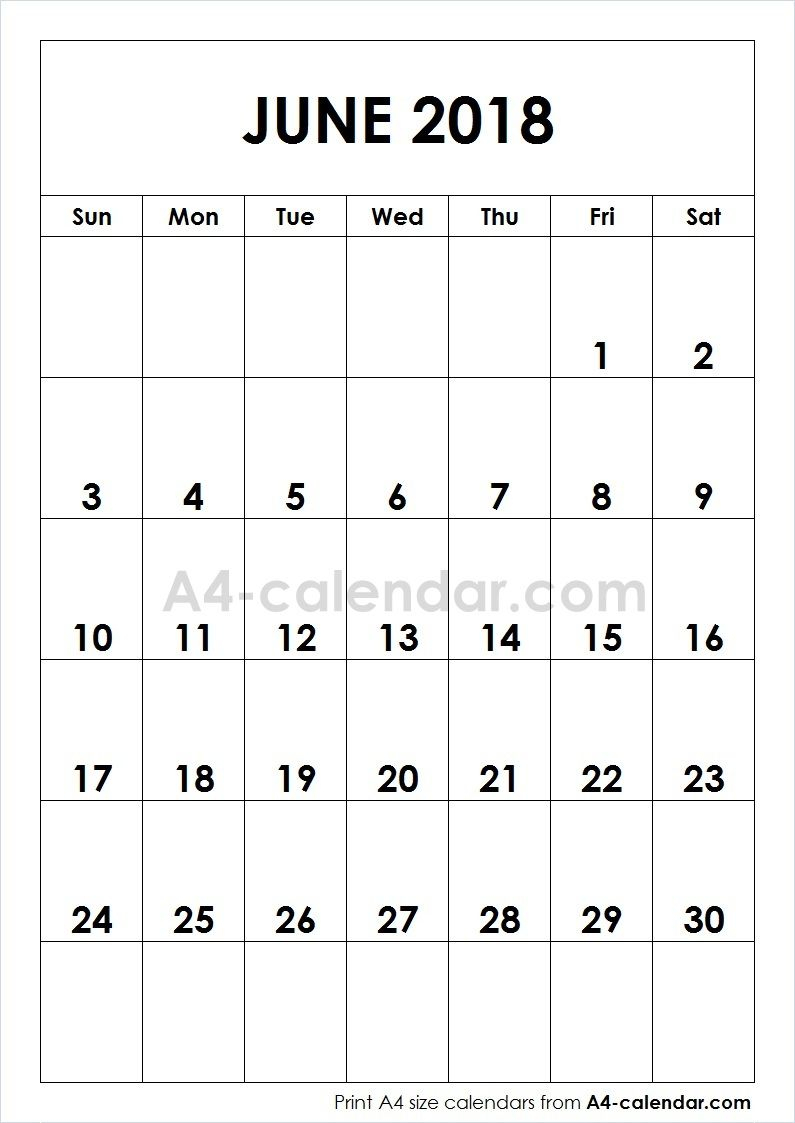 Print Free Blank June 2018 A4 Calendar From Www.a4-Calendar