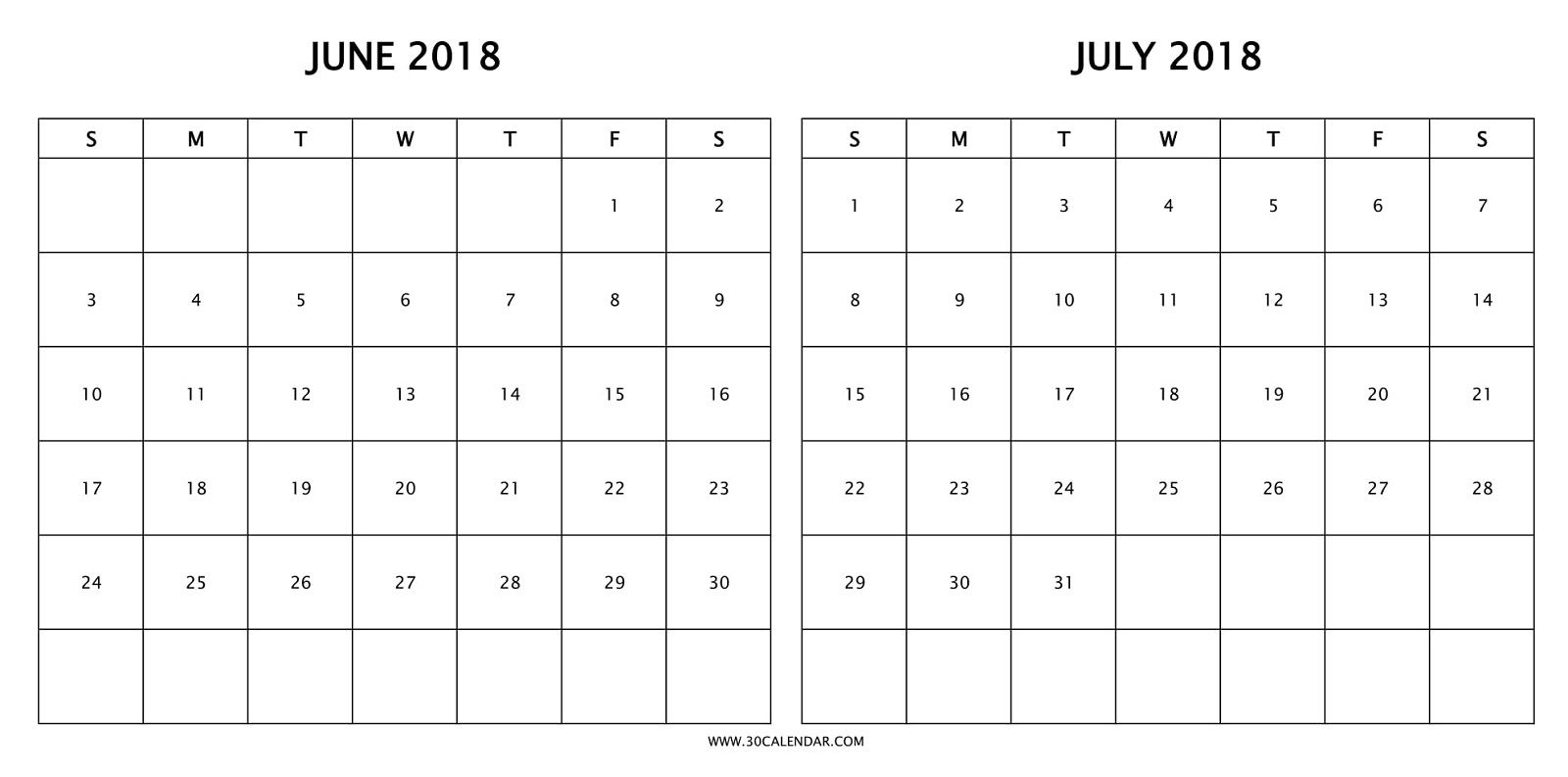 Print Free Two Month Calendar 2018 June July With Holidays