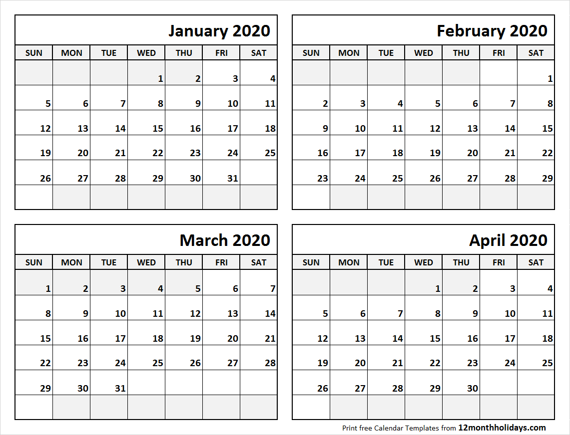 Print January To April 2020 Calendar Template | 4 Month Calendar