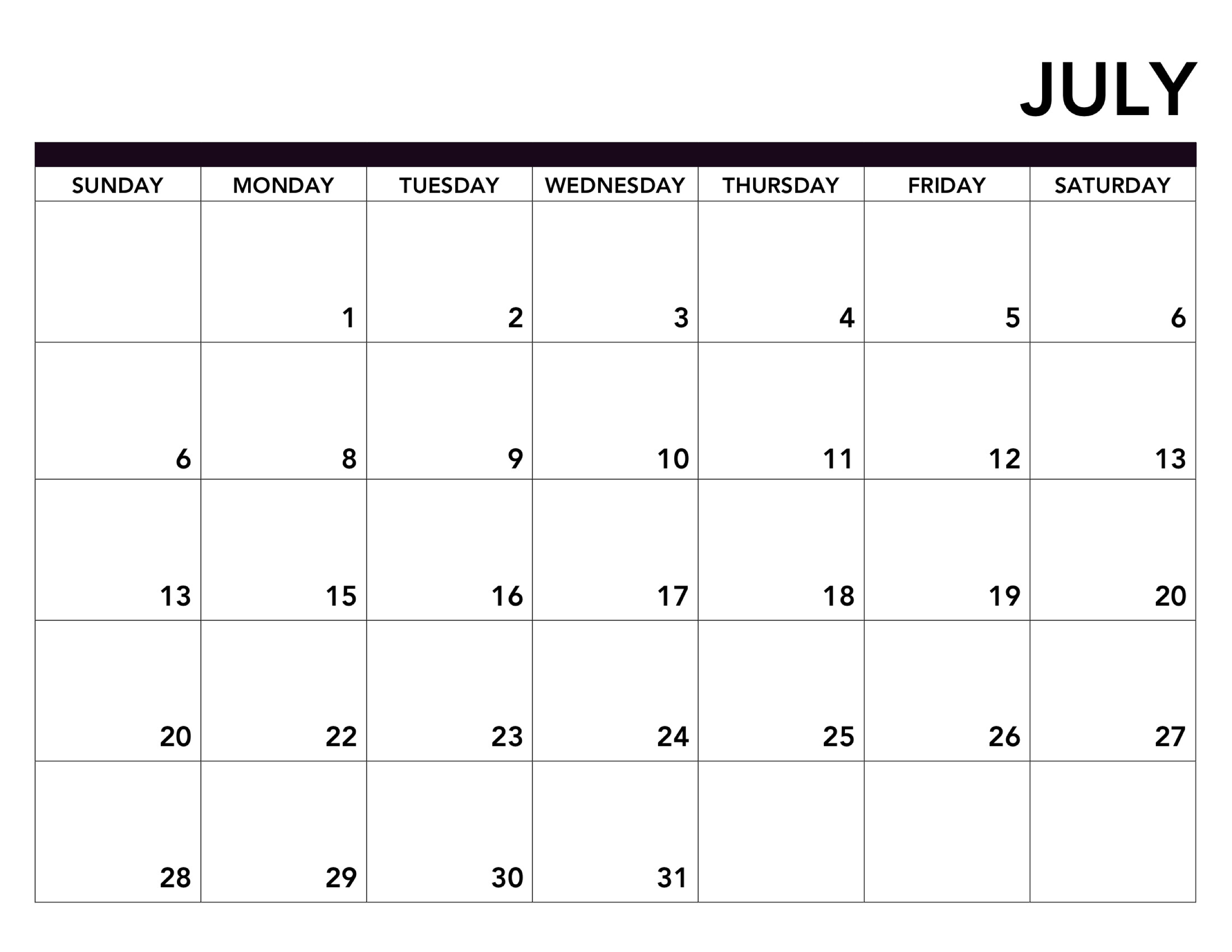 Print July 2019 Calendar Page With Blank Template