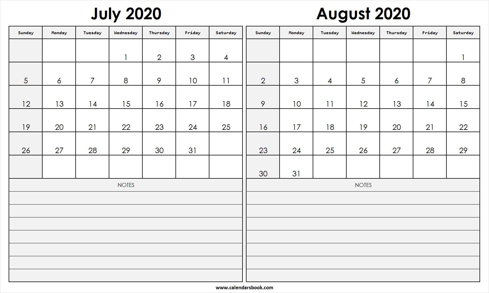 Print July August 2020 Calendar Template | 2 Month Calendar