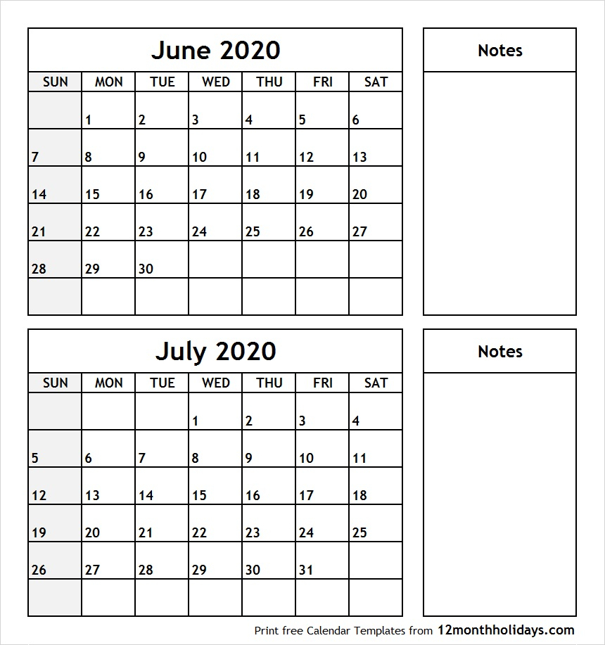 Print June July 2020 Calendar Template | 2 Month Calendar