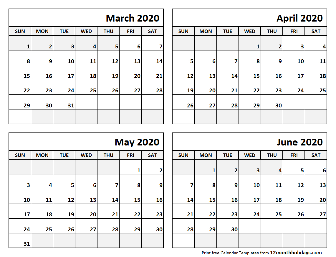 Print March To June 2020 Calendar Template | 4 Month Calendar