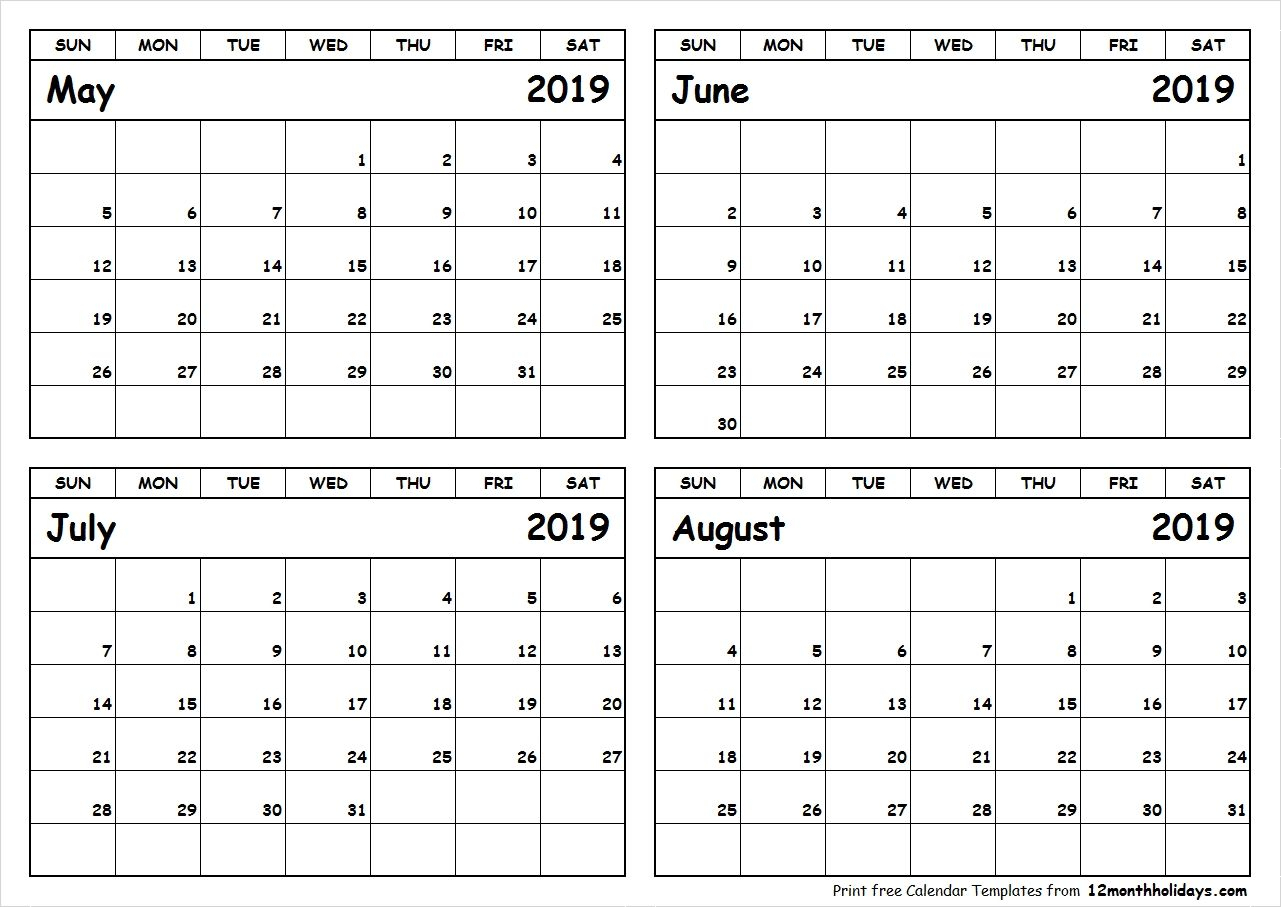 Print May To August 2019 Calendar Template | 4 Month