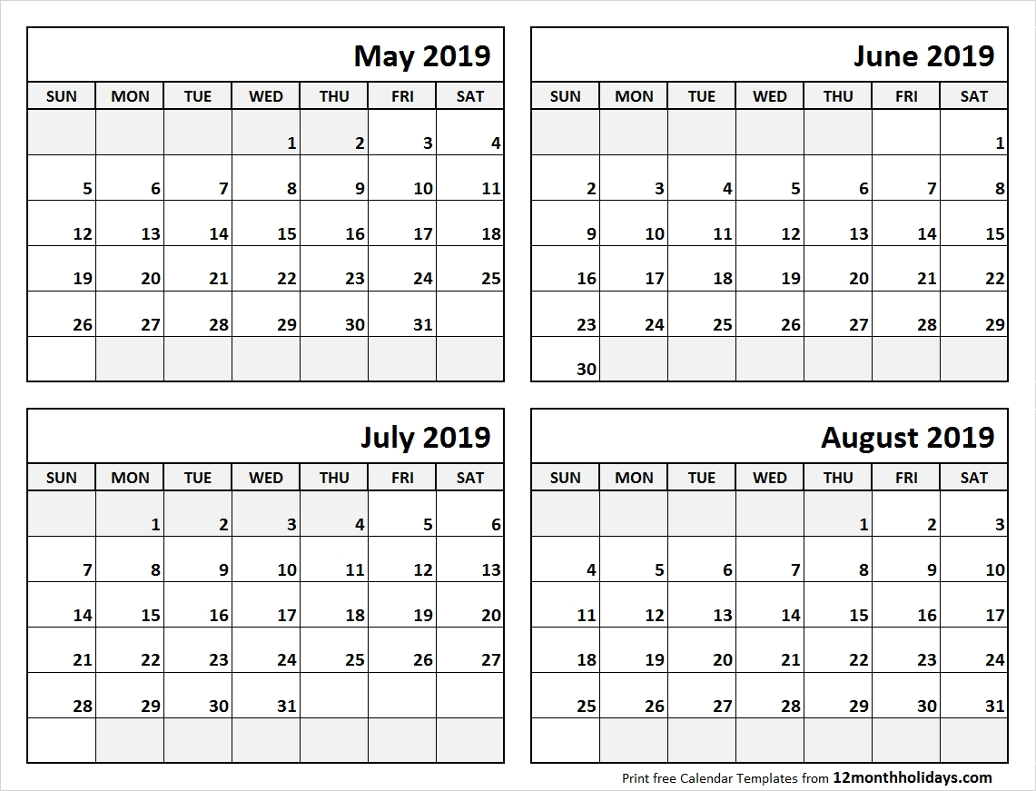 Print May To August 2019 Calendar Template | 4 Month